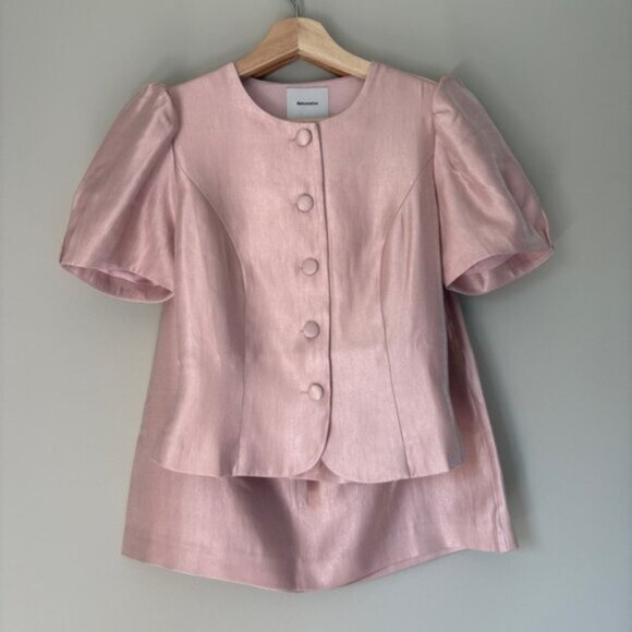 NEW Reformation Mika Two Piece Skirt Set Bubblegum Pink Sheen | US 2 UK 6 - Picture 6 of 15